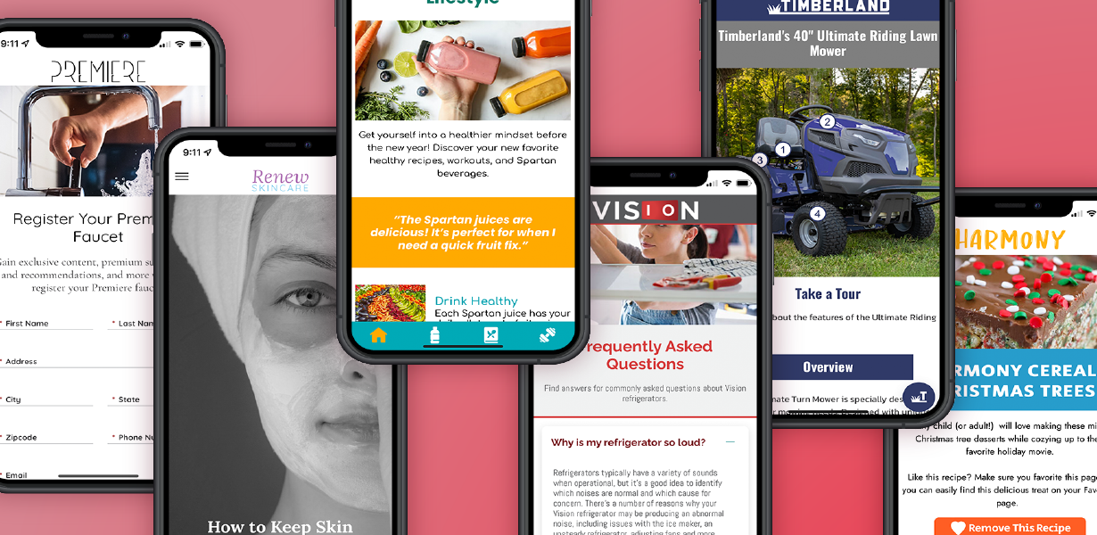 Six examples of digital experiences shown on mobile screens.